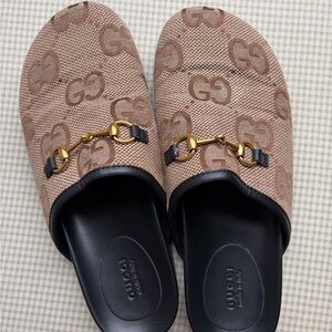 Gucci Monogram Slip-On Mule in Tan/Brown with Black Interior